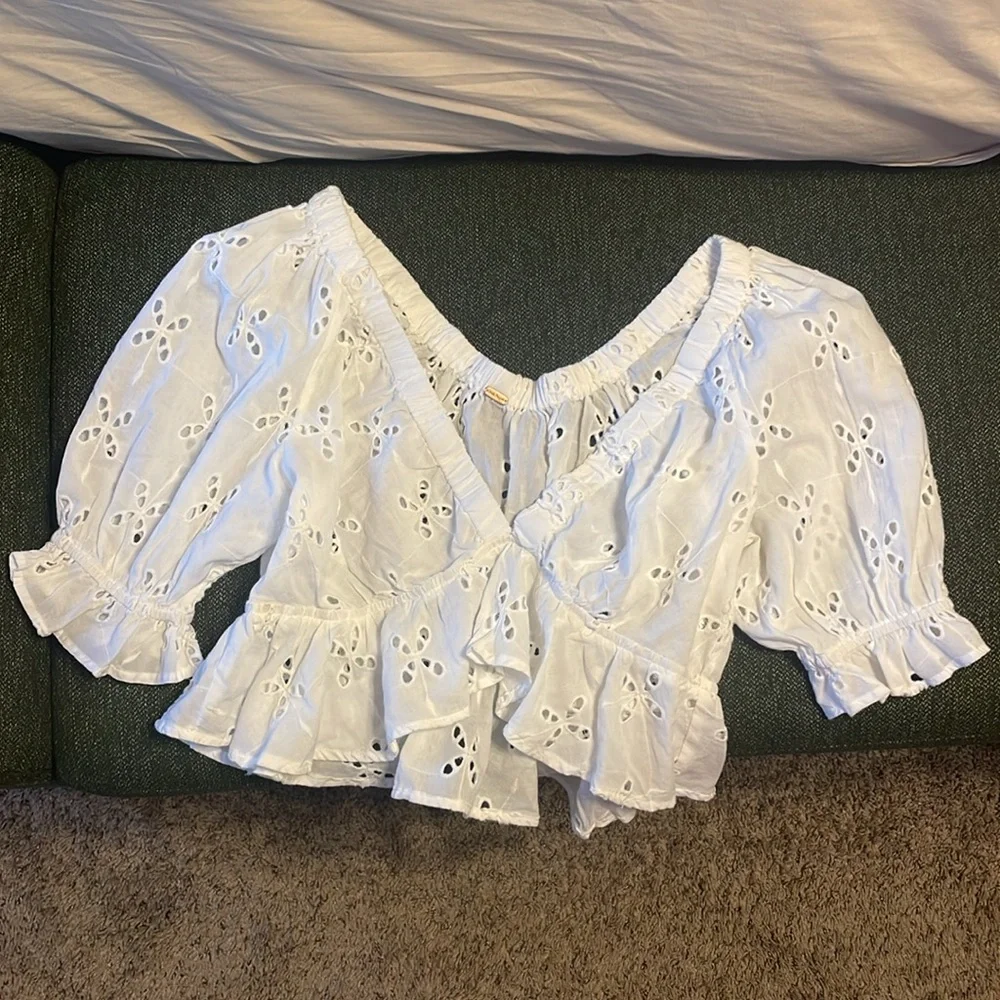 Free People White Ruffled Crop Blouse - Picture 5 of 7